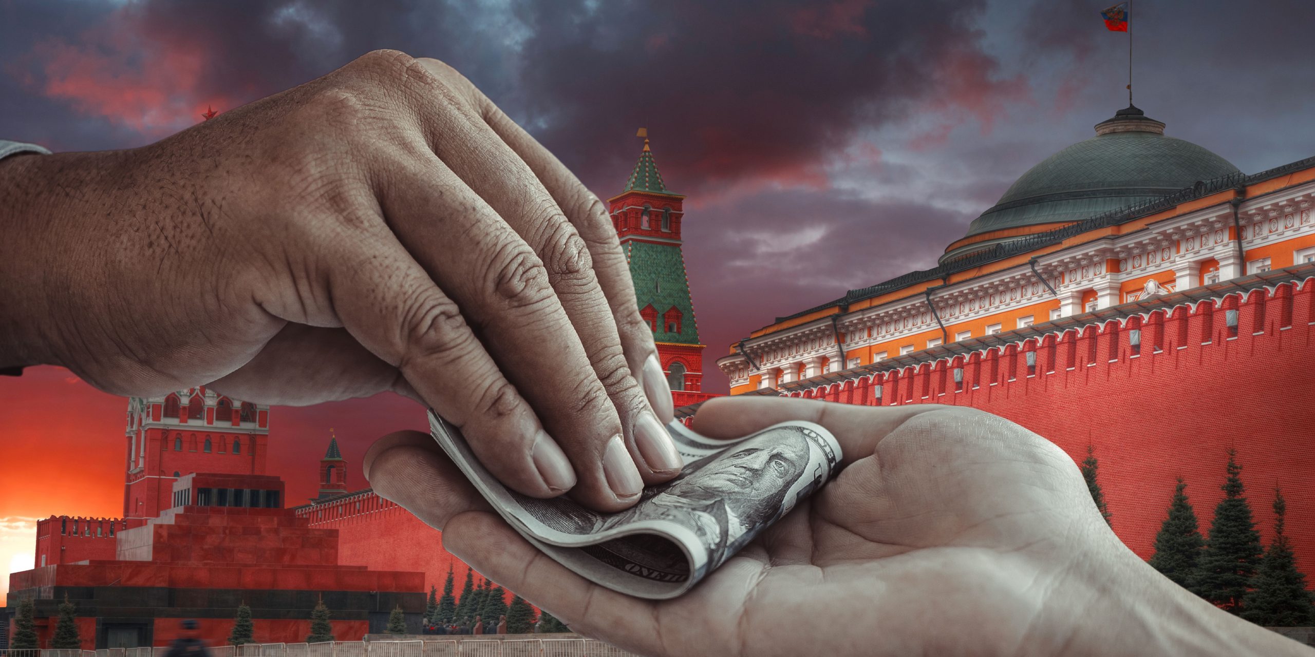 Close-up of one hand discreetly passing cash to another with the Moscow skyline blurred in the background, symbolising covert financial influence tied to Russian interests.