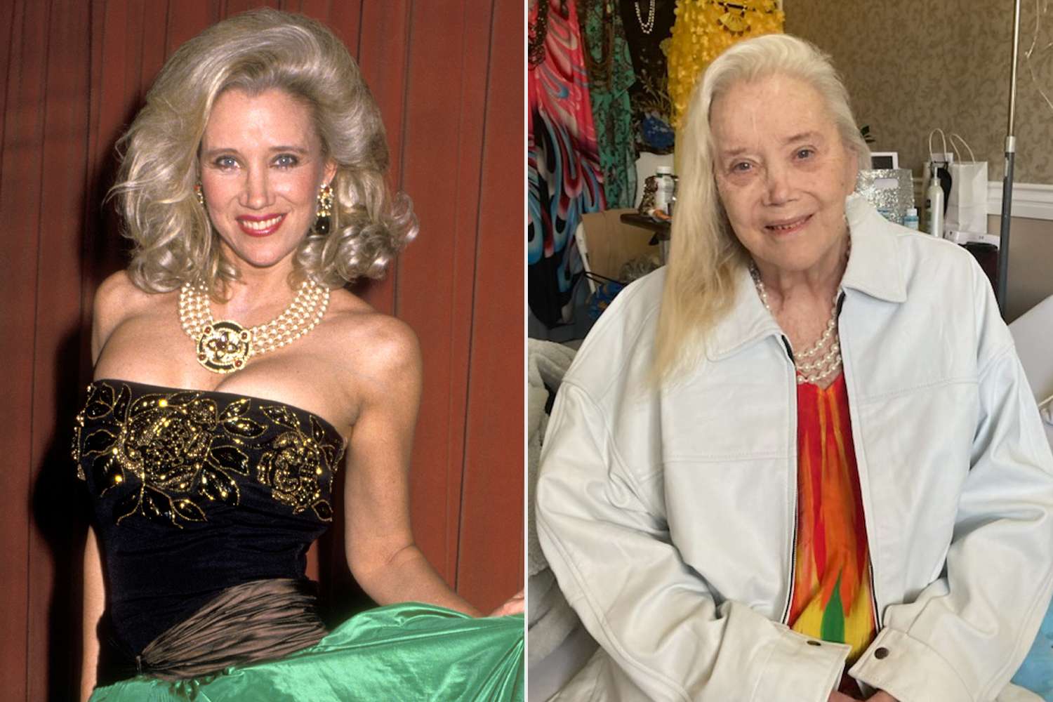 Split image showing Sally Kirkland in her career prime on one side and a recent photo of her looking older and frail on the other.