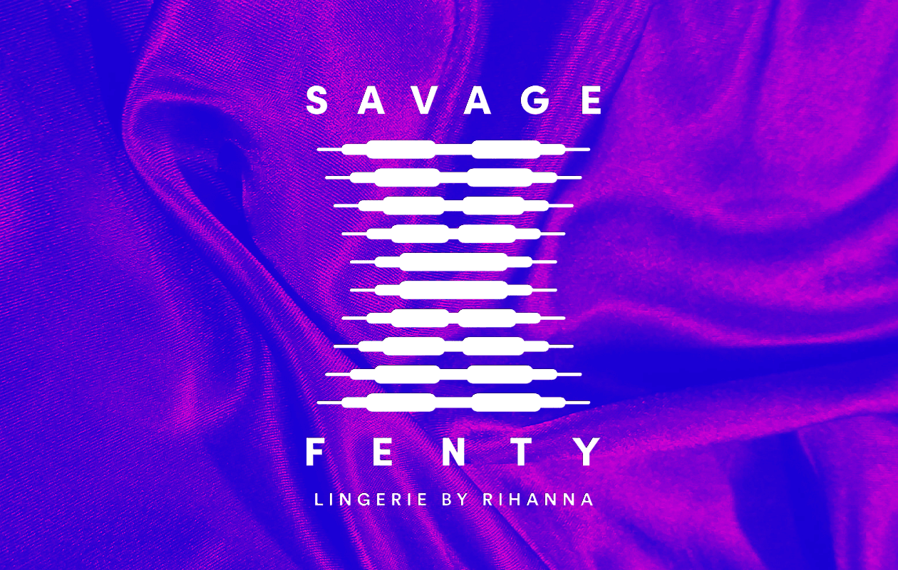 The Savage X Fenty logo displayed on a purple background, featuring bold white lettering.