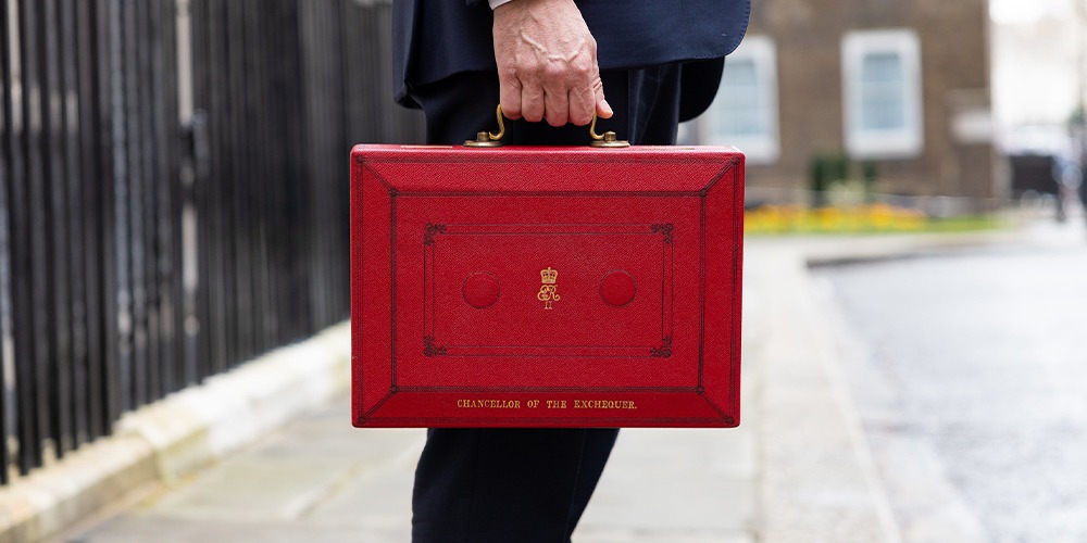 Classic red Budget box used by the UK Chancellor to carry the annual Budget speech and financial documents.