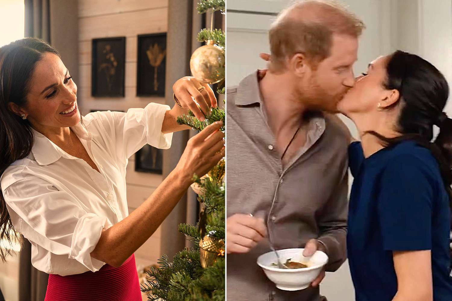 Split image of Meghan Markle from her upcoming Netflix holiday special, showing her decorating a Christmas tree and kissing Prince Harry