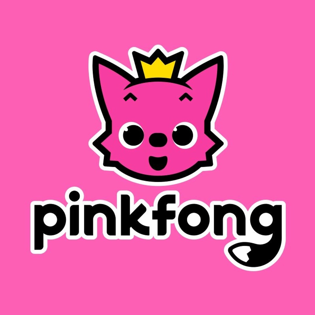 The Pinkfong logo featuring the smiling pink fox mascot with a crown, set against a bright, child-friendly background.
