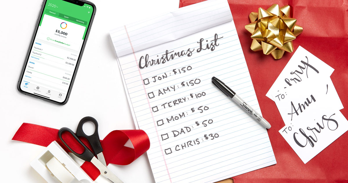 Christmas gift budget list on paper surrounded by wrapping paper, scissors, and ribbon, ready for holiday gift planning.