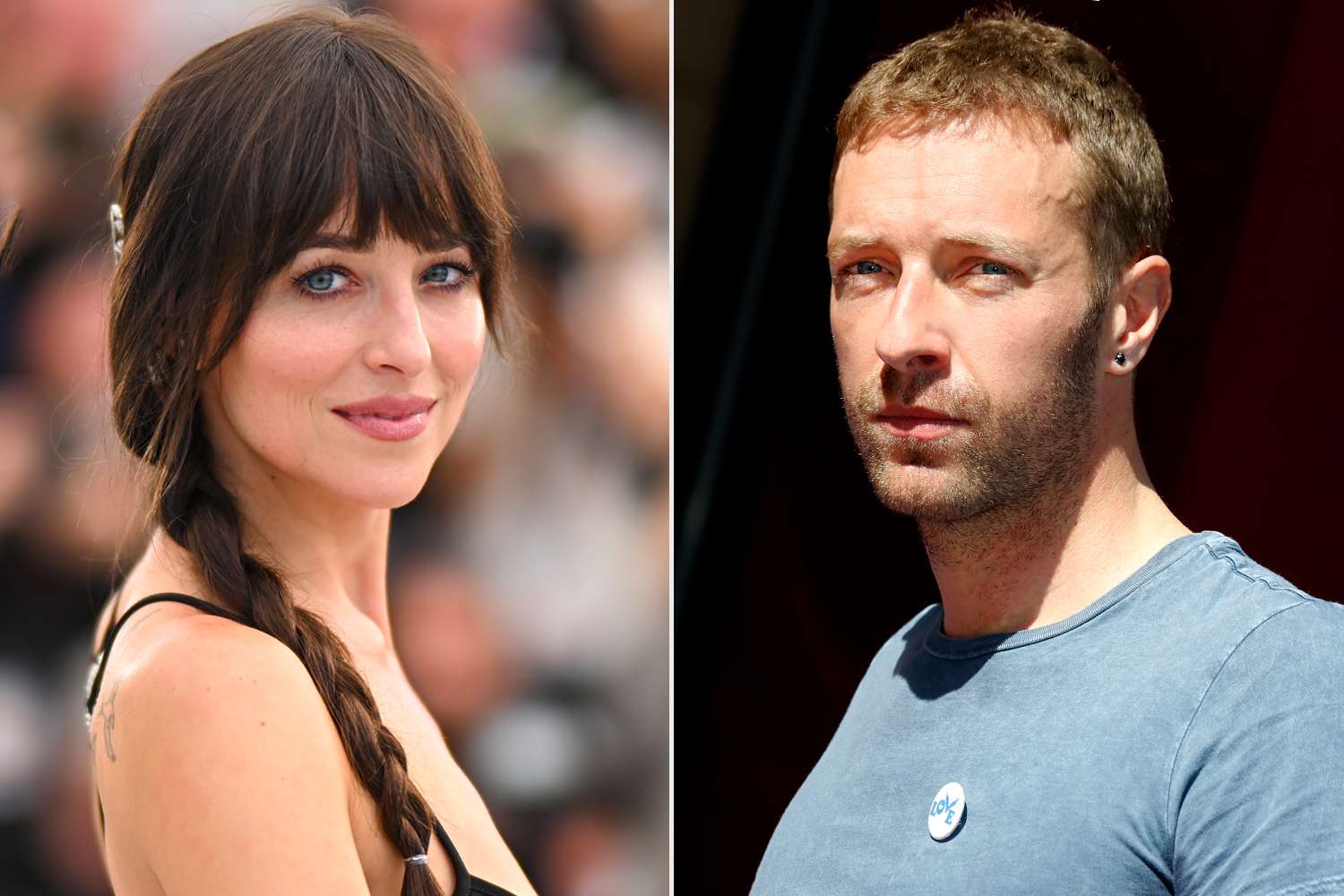 Dakota Johnson and Chris Martin in a split image following their split, showing Dakota in a red dress and Chris in a casual outfit.