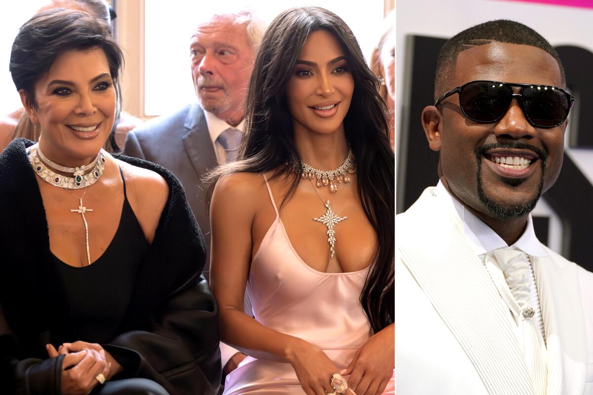 A split image showing Kris Jenner and Kim Kardashian smiling on one side, and Ray J posing for a photo on the other, representing the legal and financial clash between them.