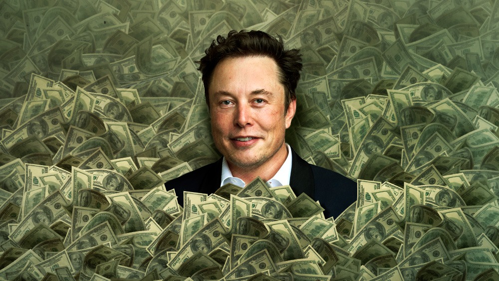 Elon Musk's grinning face emerges from a towering pile of dollar bills, evoking his $1 trillion Tesla pay package at the center of the Billie Eilish feud.