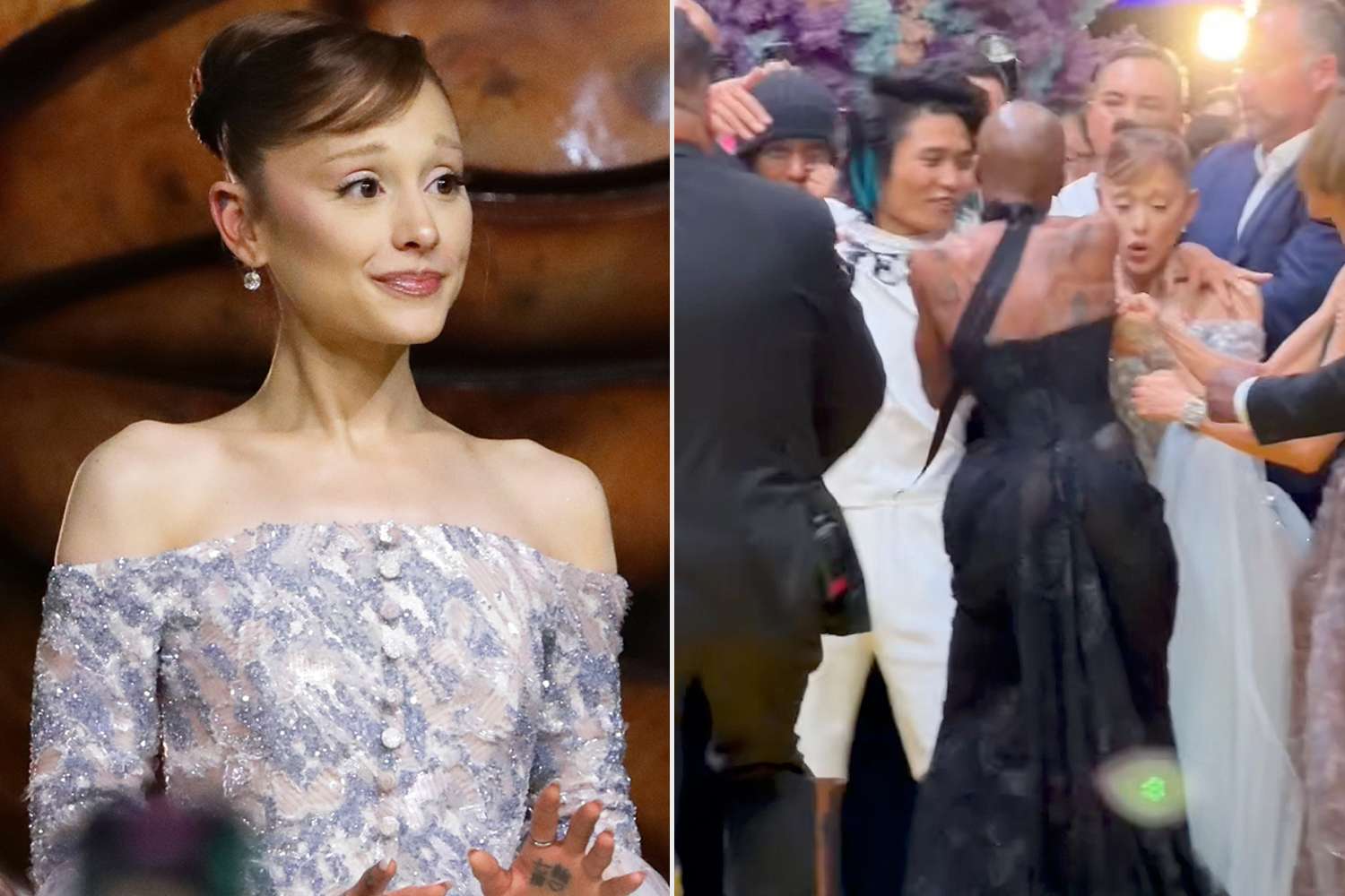 Split image showing Ariana Grande smiling at a movie premiere on one side and a fan grabbing her shoulders at the same event on the other side.