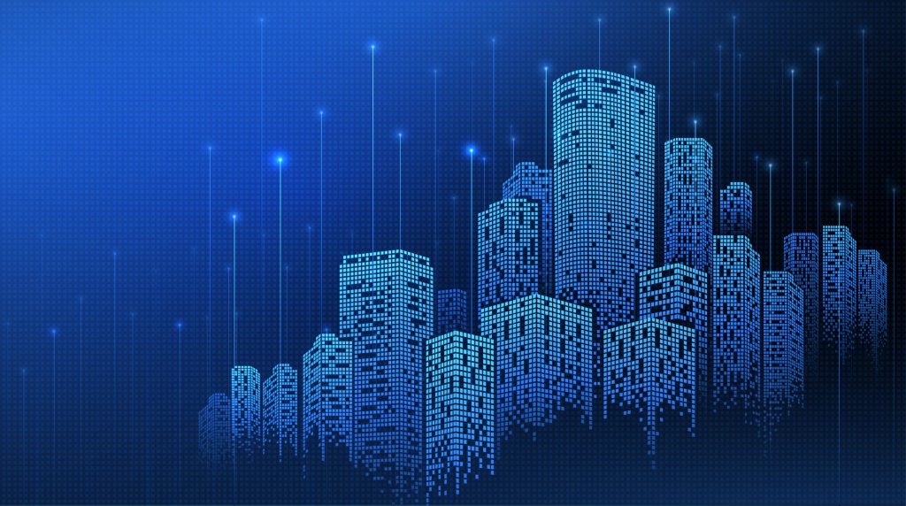 Abstract representation of a smart city skyline, symbolizing digital innovation in real estate management software and PropTech.