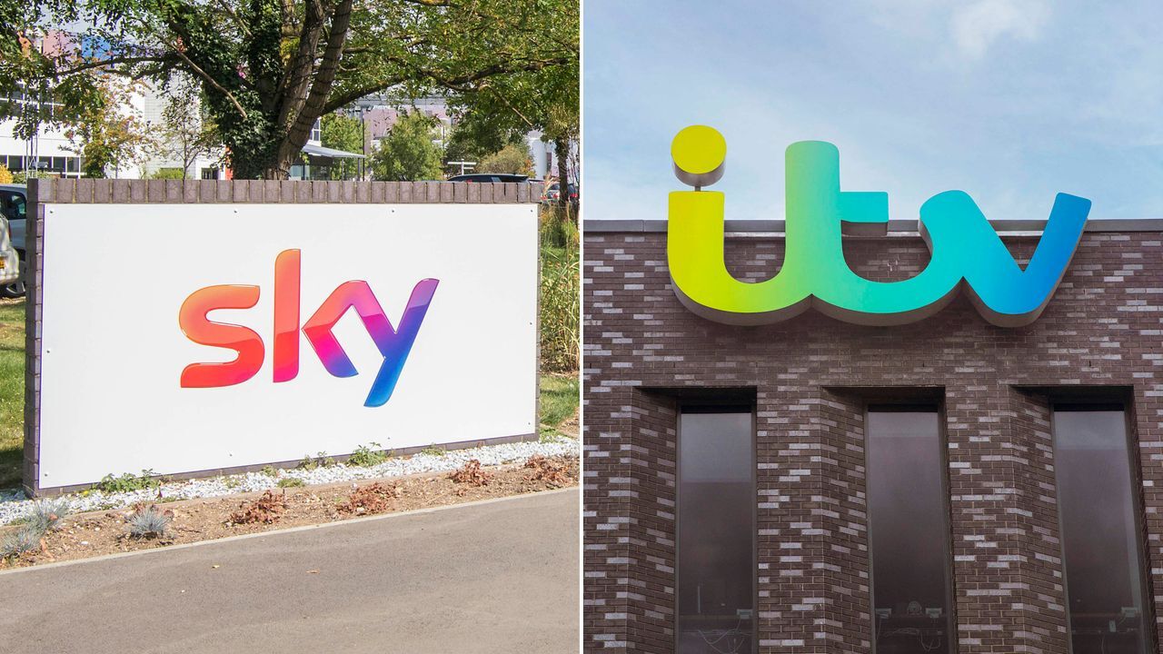 Split image showing the Sky and ITV logos side by side, representing the potential £1.6 billion merger discussions.