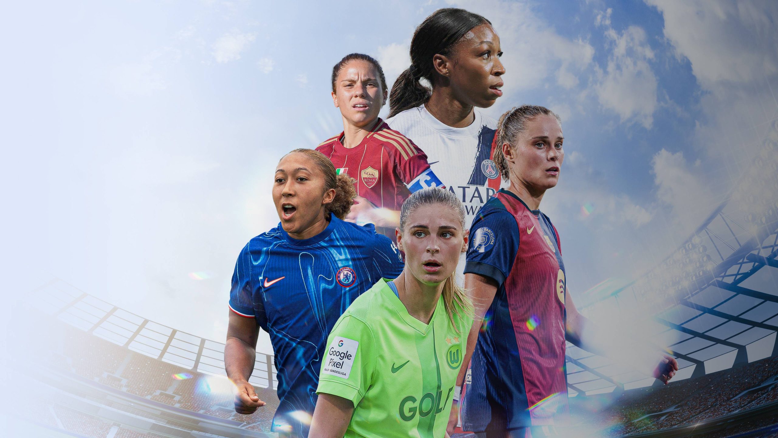 Leading women’s football players posing together on the pitch with a stadium backdrop.