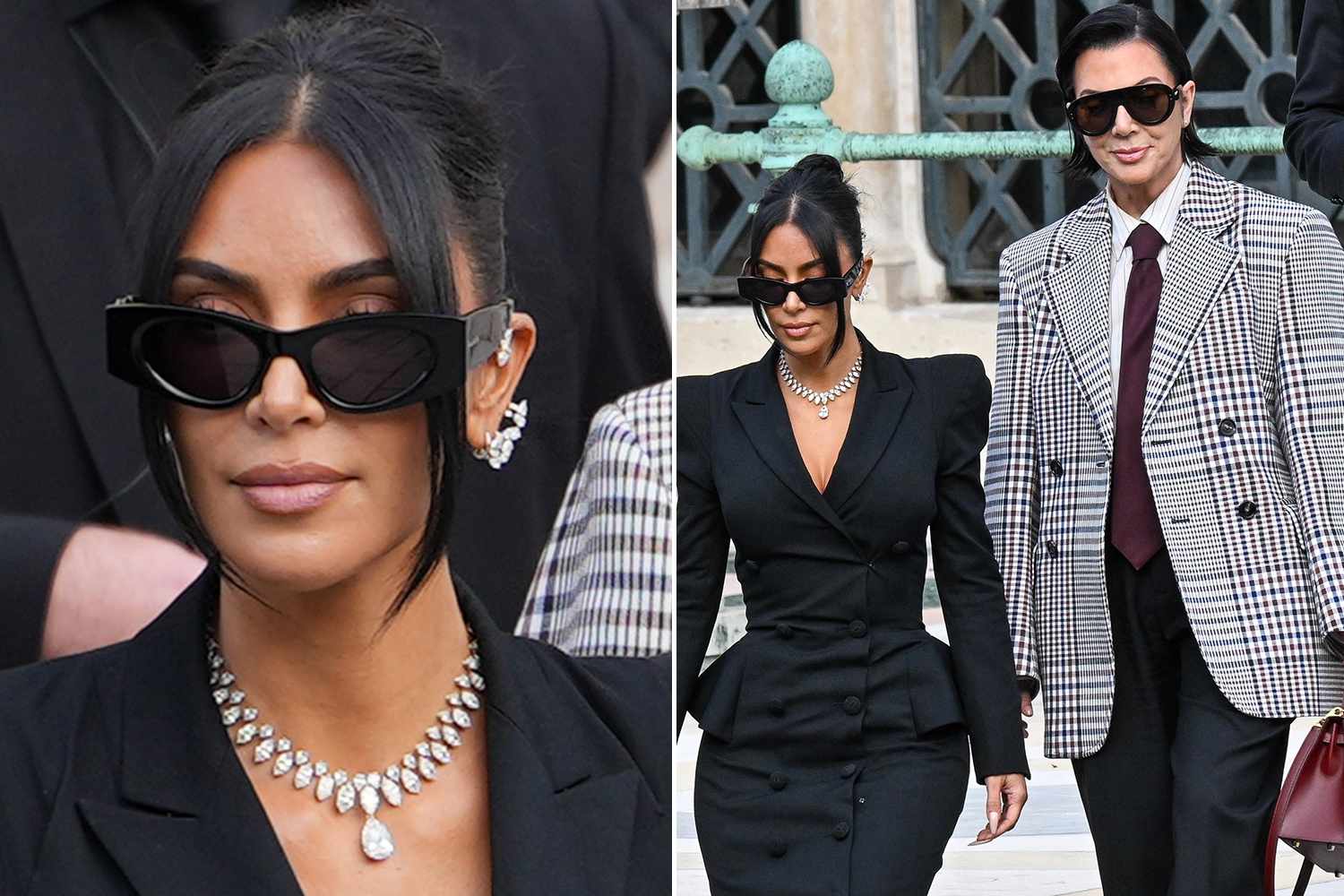 Close-up of Kim Kardashian’s sparkling diamond necklace and earrings as she leaves the Paris courthouse, highlighting the intricate design and multi-million-dollar value of the jewelry.