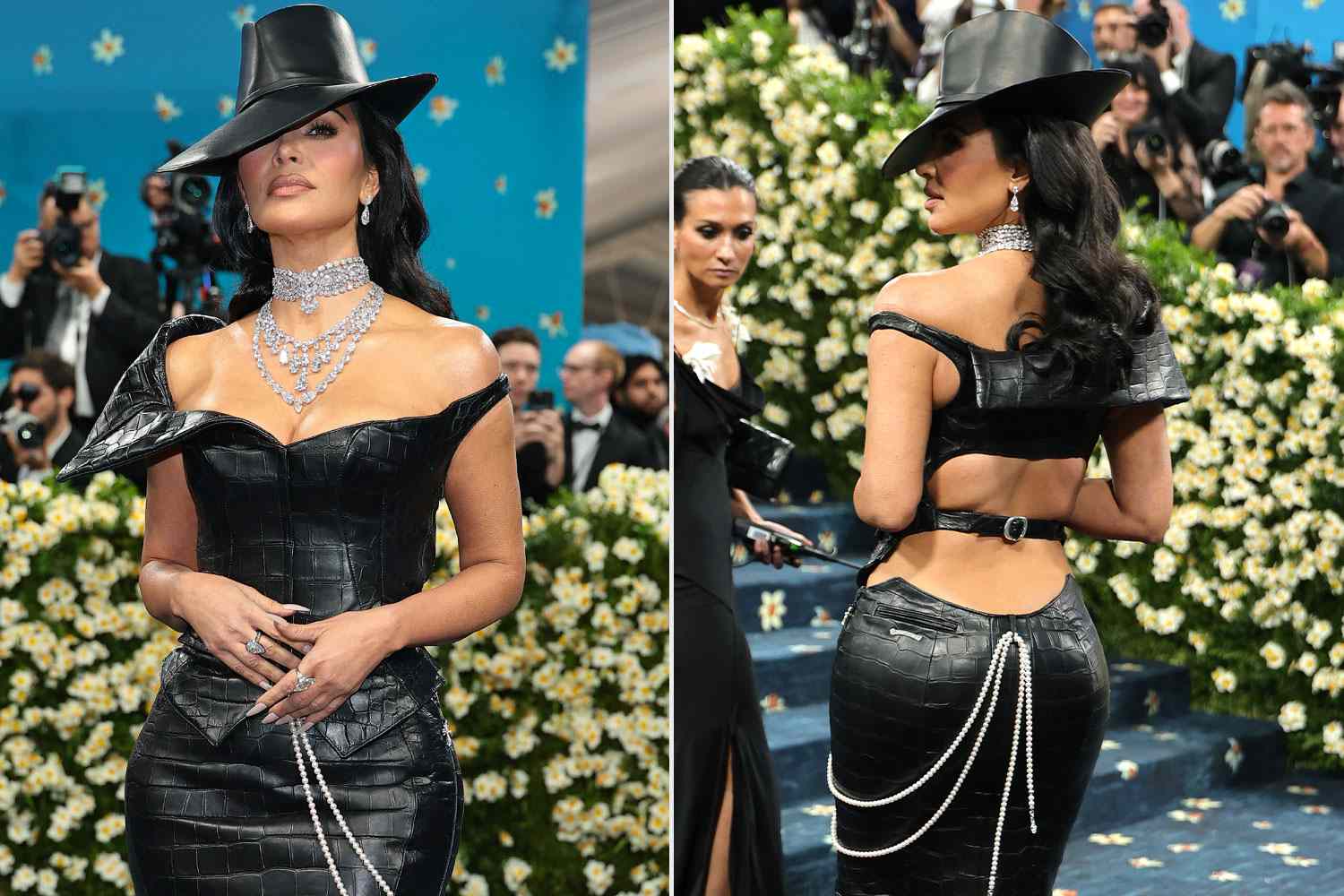 Kim Kardashian posing at the 2025 Met Gala wearing a $20 million diamond necklace, styled with a Chrome Hearts crocodile skirt set and matching pearls.