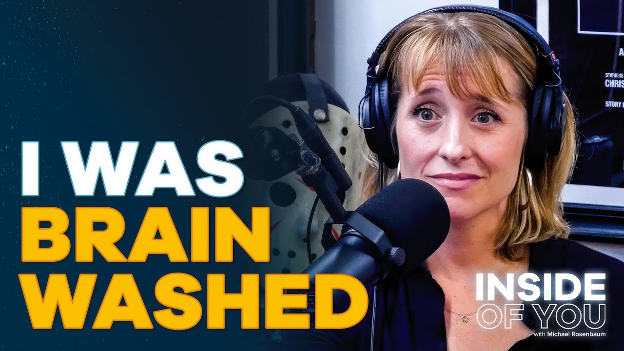 Promotional artwork for the podcast Allison after NXIVM, showing Allison Mack in a close-up profile view with a thoughtful expression, set against a moody blue-gray background overlaid with faint, abstract NXIVM-inspired geometric patterns and the bold white text "Allison after NXIVM" at the bottom.