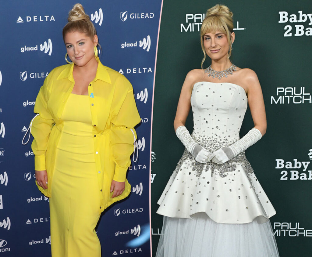 Side-by-side image of Meghan Trainor before and after her dramatic 60lb weight loss, highlighting her transformation.