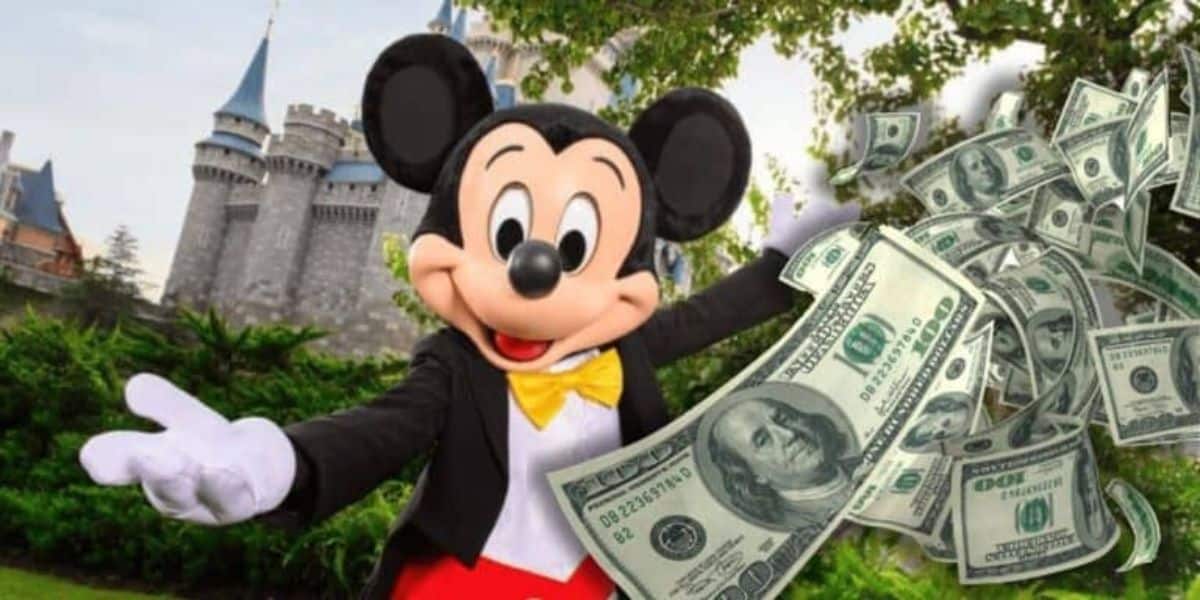 Mickey Mouse surrounded by stacks of cash and gold coins, symbolizing Disney’s massive investment in OpenAi