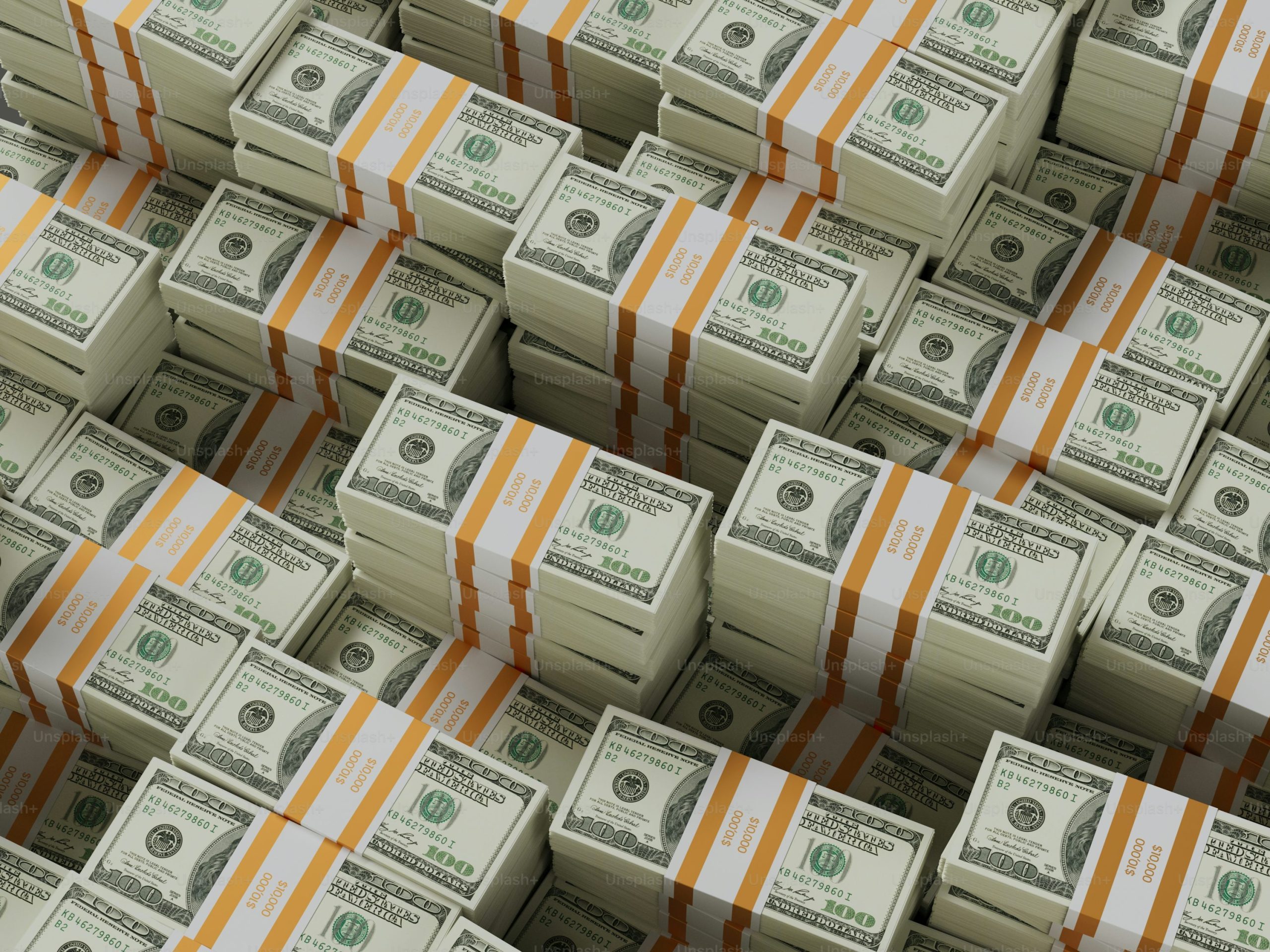 Towering stacks of crisp U.S. dollar bills in vivid green hues, piled high in overflowing bundles to evoke the overwhelming allure of a massive lottery windfall.