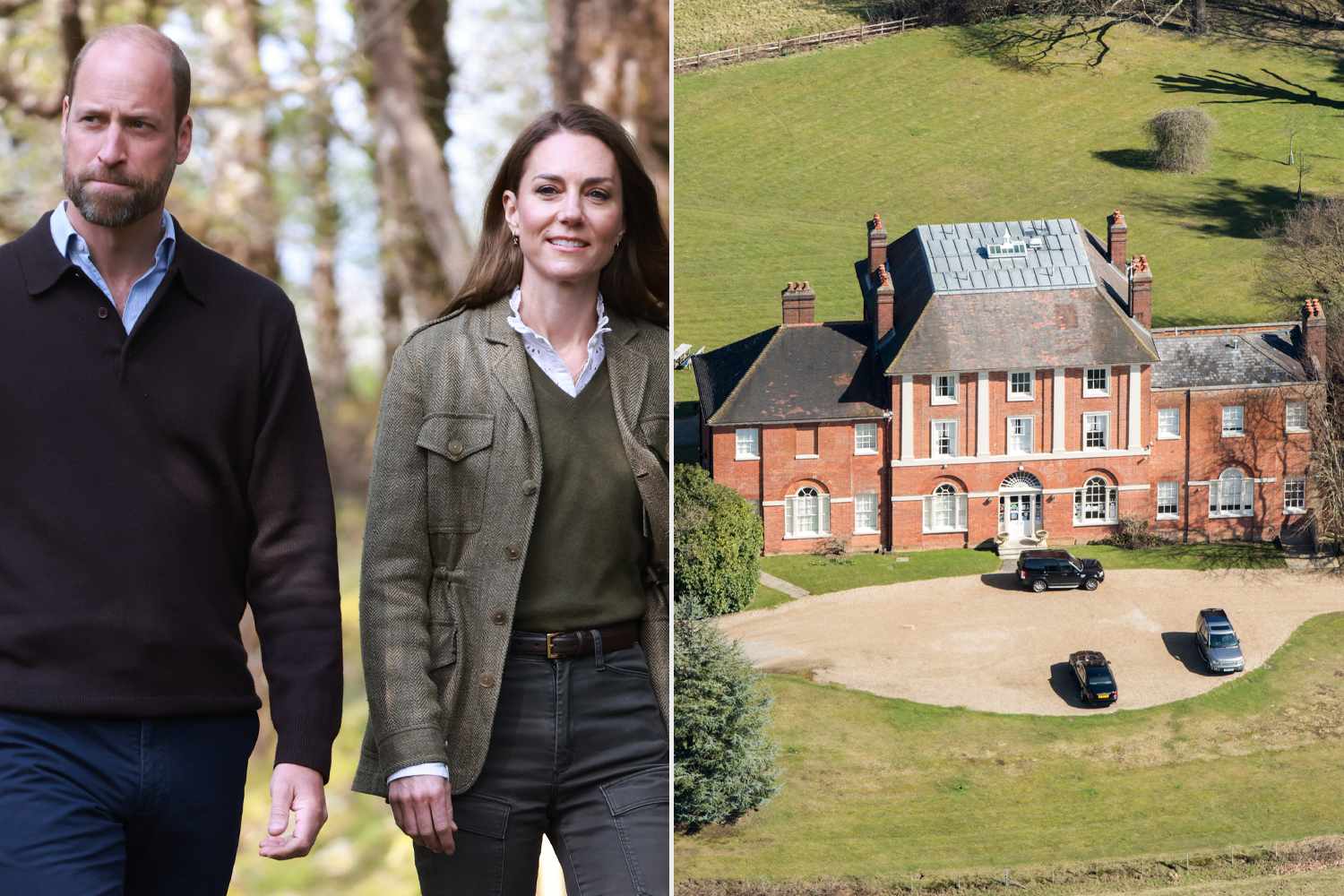 Split image showing Prince William and Kate Middleton on one side, and their new Windsor home, Forest Lodge, on the other.