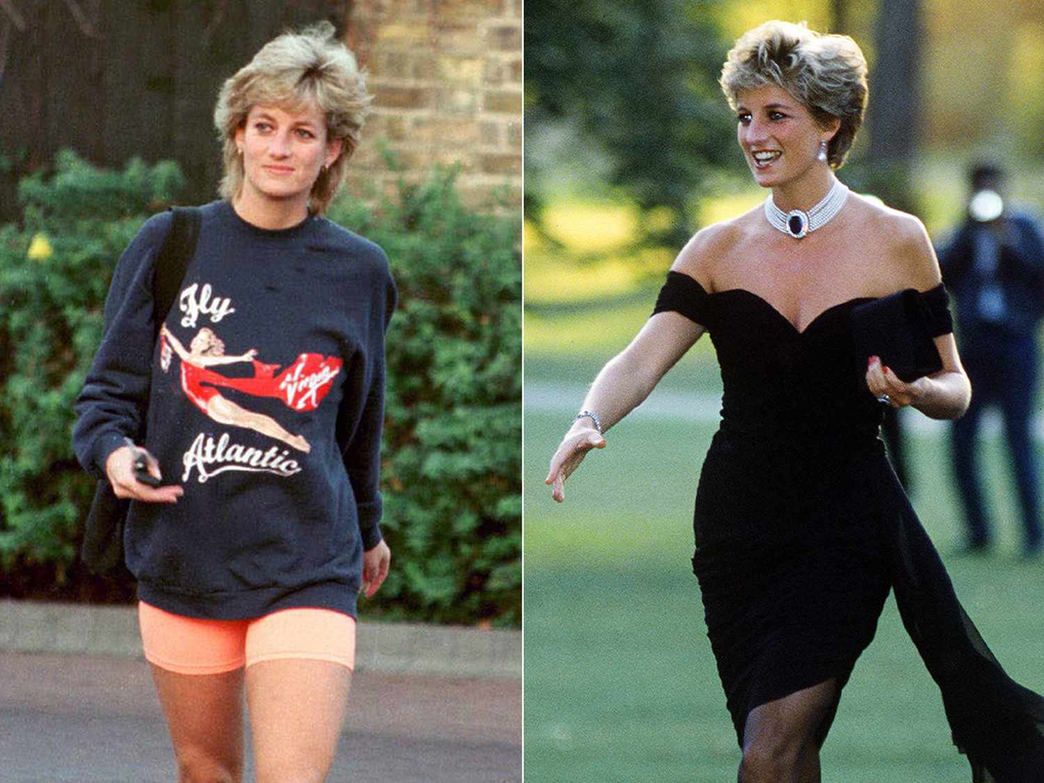 Split image of Princess Diana wearing casual sportswear on one side and fully glamorous attire on the other, showing the two sides of her personality that captivated the world and continue to inspire fashion and media industries.