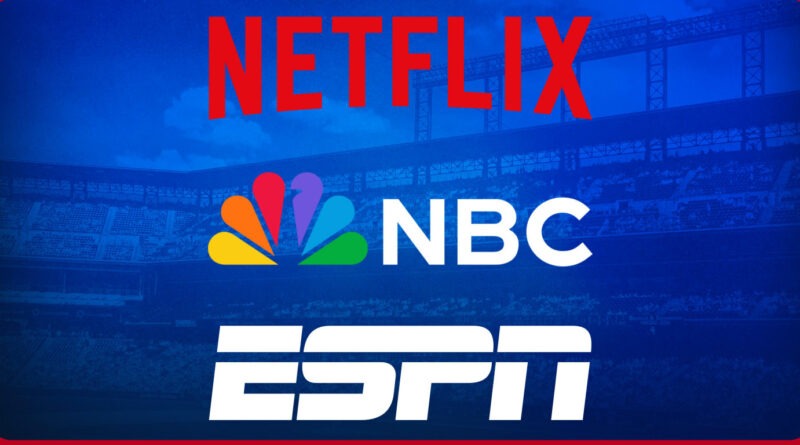 Logos of Netflix, ESPN, and NBCUniversal displayed together, representing the major media partners in Major League Baseball’s new multi-year broadcast and streaming deals.