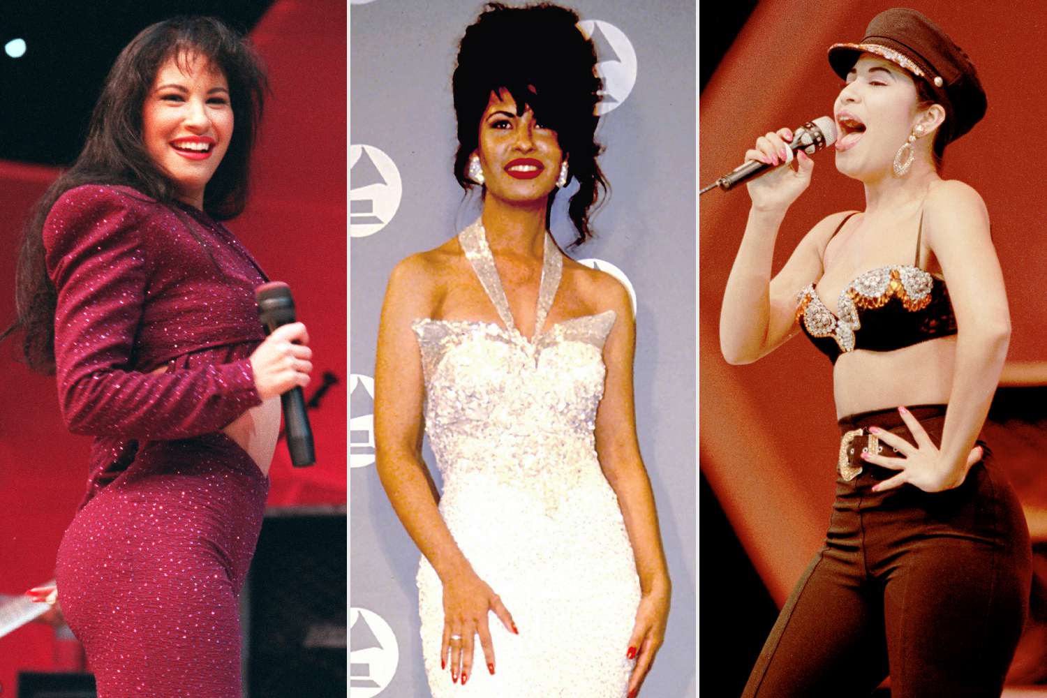 Triple image of Selena Quintanilla showcasing her iconic fashion looks, from stage costumes to glamorous outfits.
