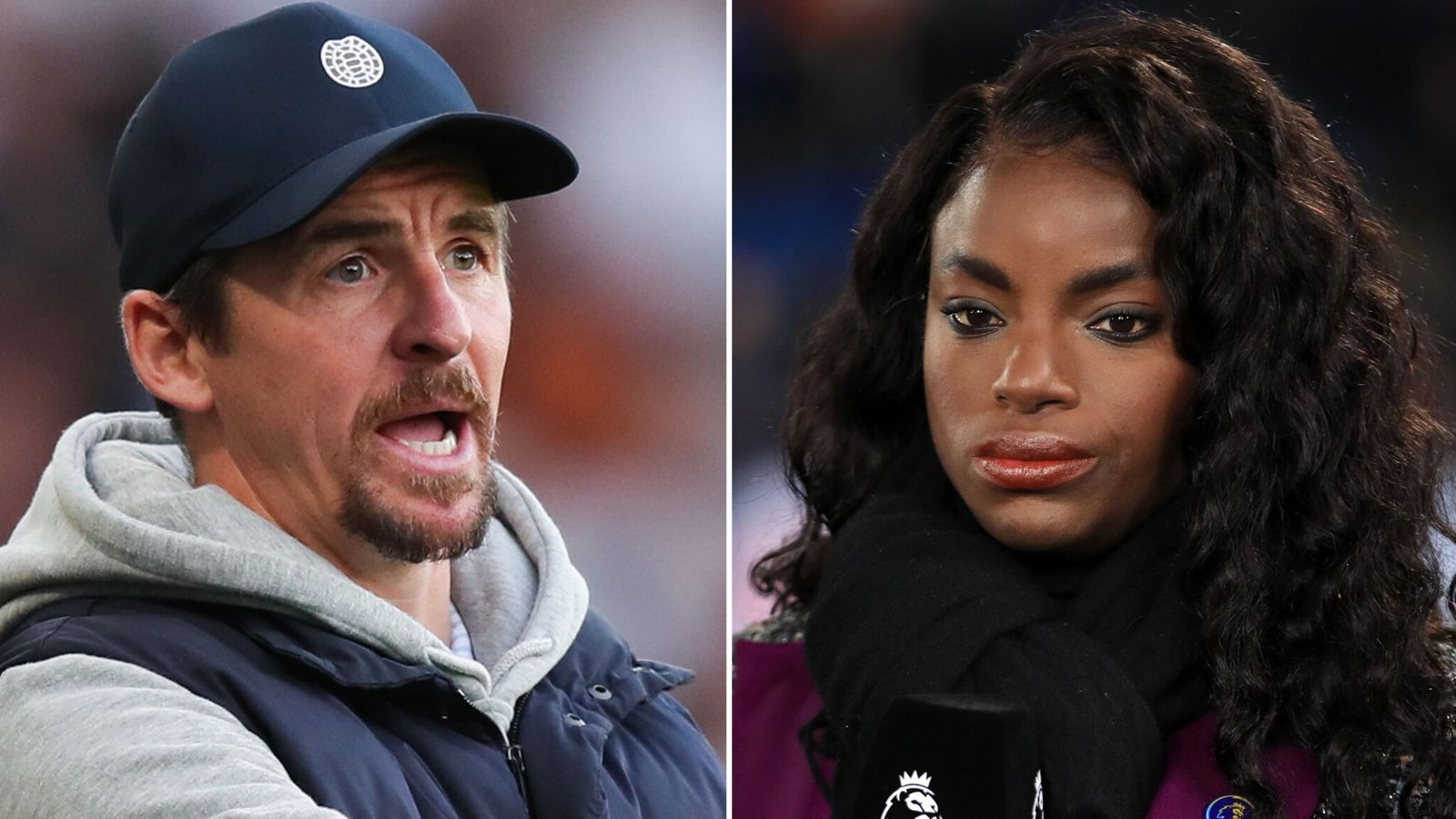 A split image showing Joey Barton looking downcast outside court alongside Eni Aluko speaking to the media after his conviction for grossly offensive social media posts.