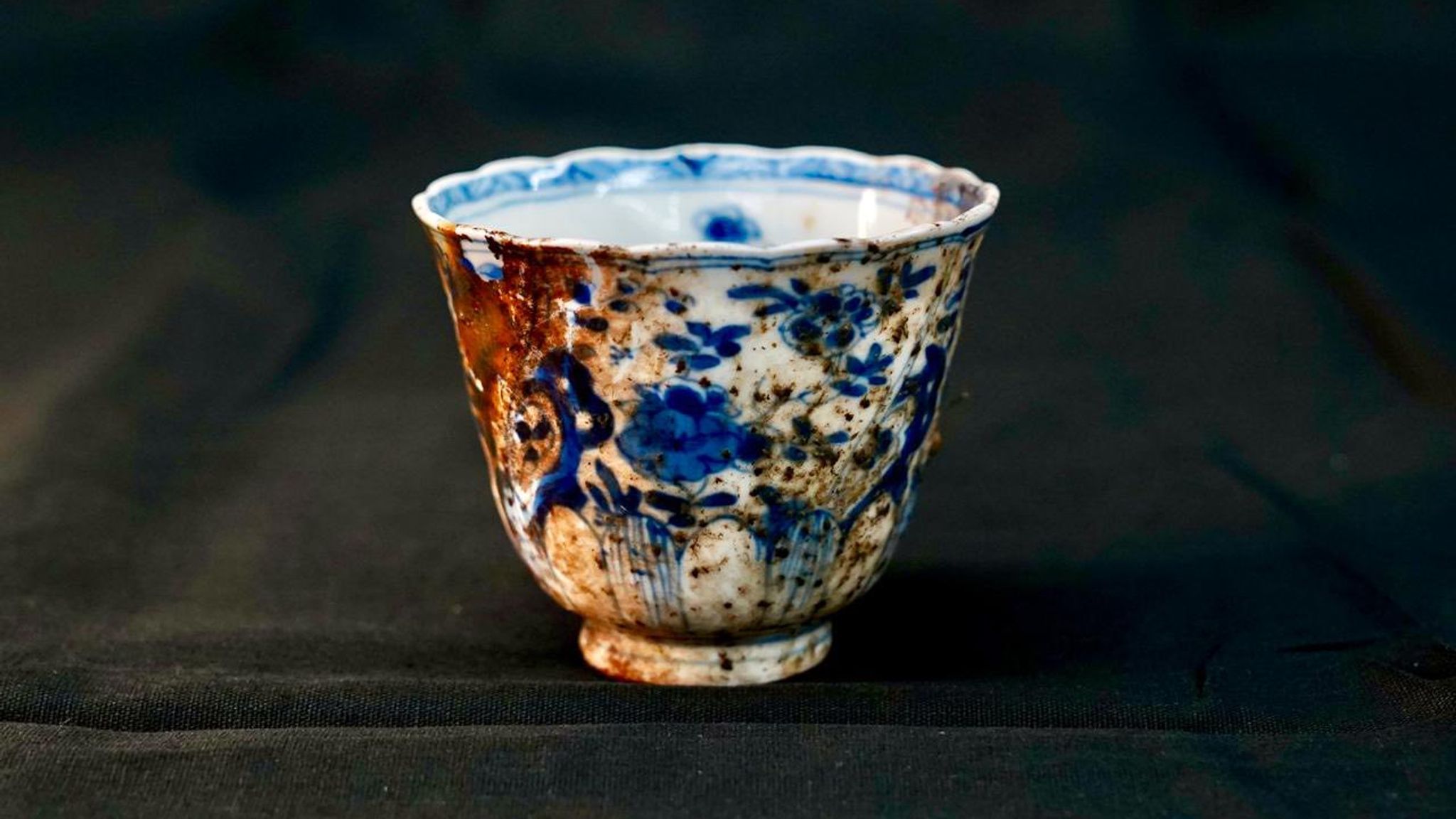 Close-up of a delicate piece of Chinese porcelain recovered from the San José shipwreck, showing centuries of underwater aging.