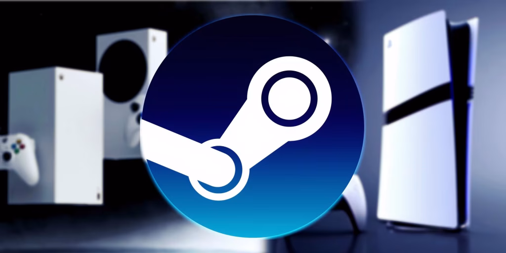 The Steam logo in the foreground with PlayStation and Xbox consoles blurred in the background, symbolizing the ongoing console wars.