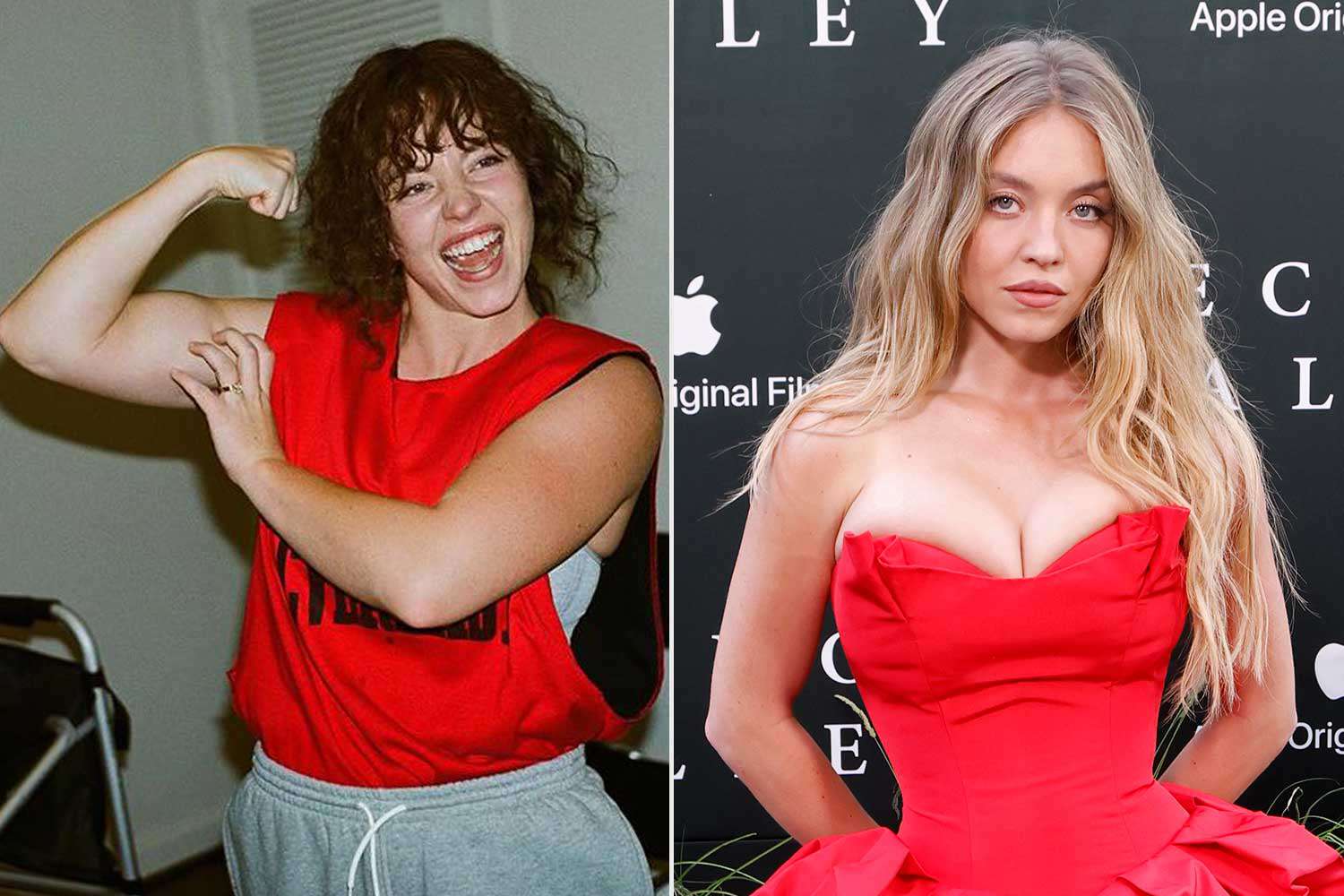 “Split image of Sydney Sweeney portraying boxer Christy Martin in training gear and posing on the red carpet in a glamorous red gown.