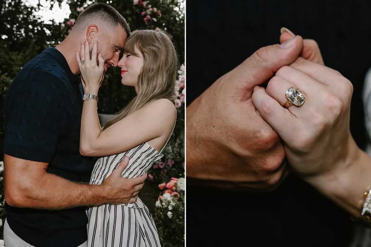 Split image showing Travis Kelce and Taylor Swift at their engagement announcement on one side, and a close-up of Swift’s custom engagement ring on the other.