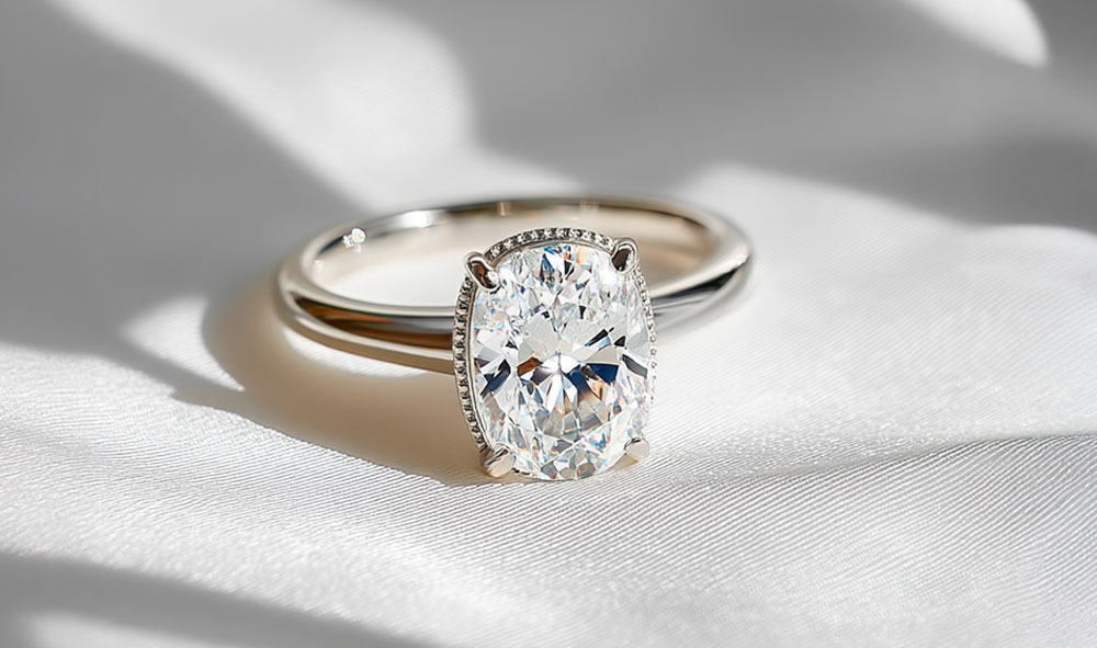 Close-up of Taylor Swift’s engagement ring, featuring a large central gemstone set on an elegant band.