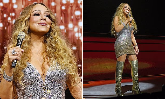 Split image of Mariah Carey on the opening night of her Las Vegas residency, wearing a gold sequin mini dress with thigh-high boots, performing on stage with dramatic lighting.