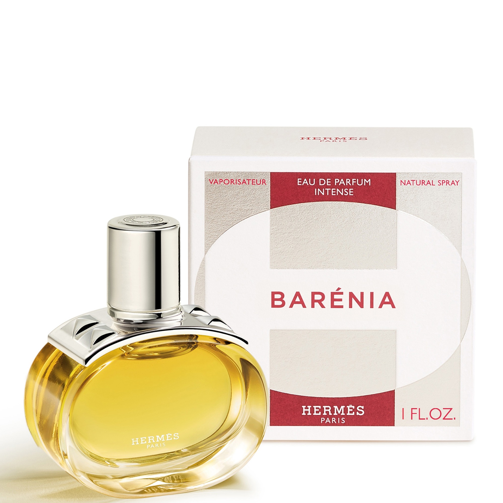 Close-up of Hermès Barénia Eau de Parfum Intense bottle, showcasing its elegant glass design and gold-accented cap.