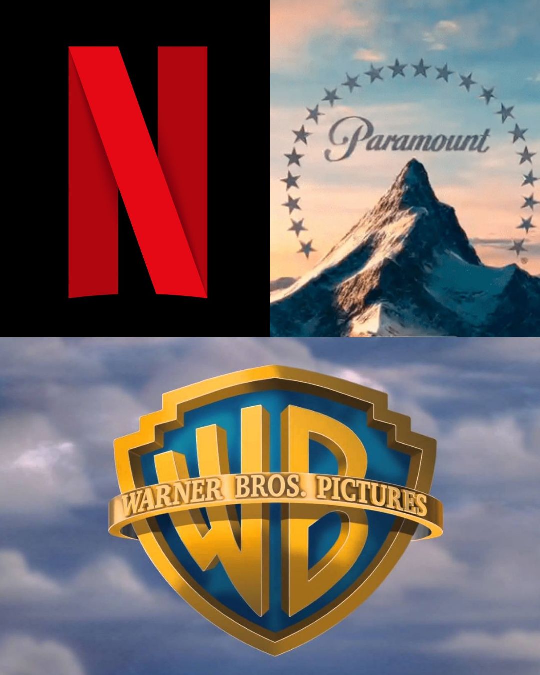 The Netflix, Paramount, and Warner Bros. logos displayed side by side, representing the escalating streaming wars and the seismic industry shift sparked by Paramount’s recent $108 billion bid.