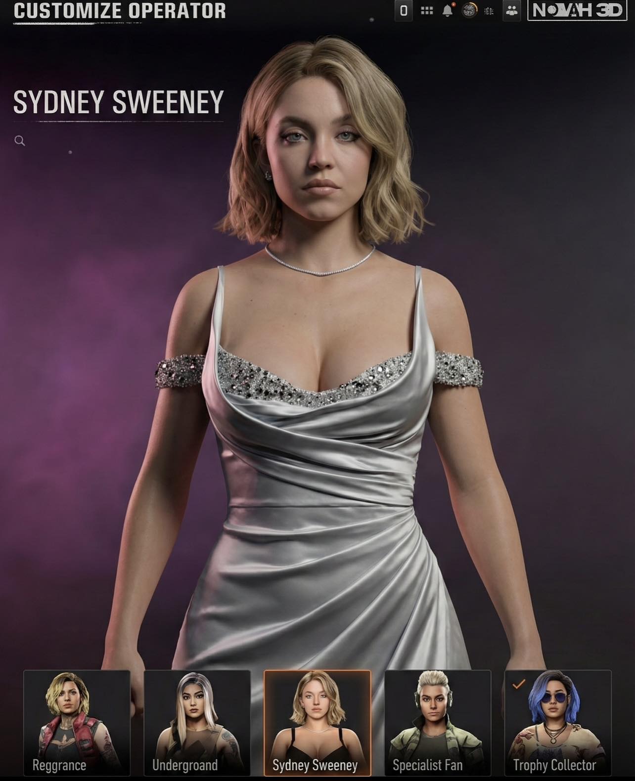 Viral image of actress Sydney Sweeney as a fake Call of Duty: Black Ops 7 operator skin, showing her in tactical military gear with a blonde bob haircut, standing in the game's customization interface against a dark background.