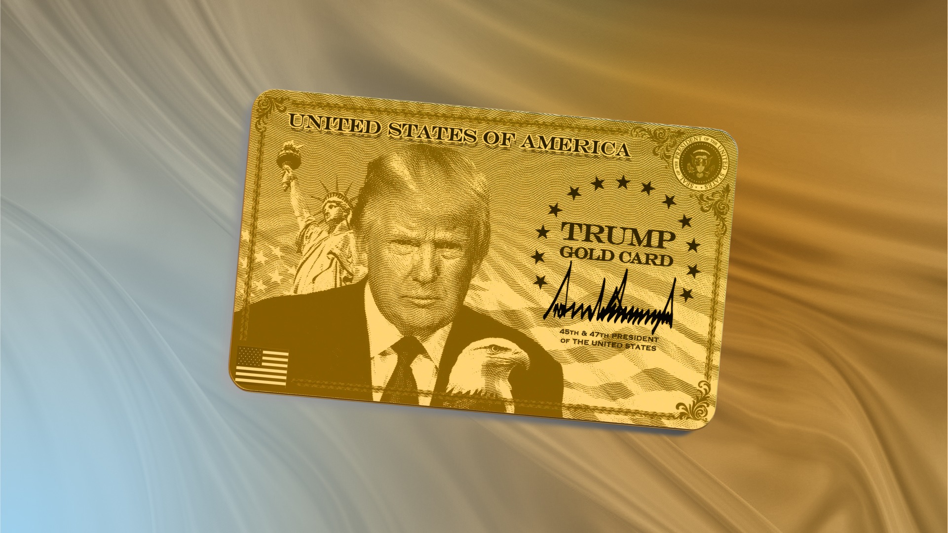 “Donald Trump holds a mock-up of the $1 million ‘Gold Card’ visa for fast-tracked U.S. residency during a public announcement, symbolizing the new premium immigration program.