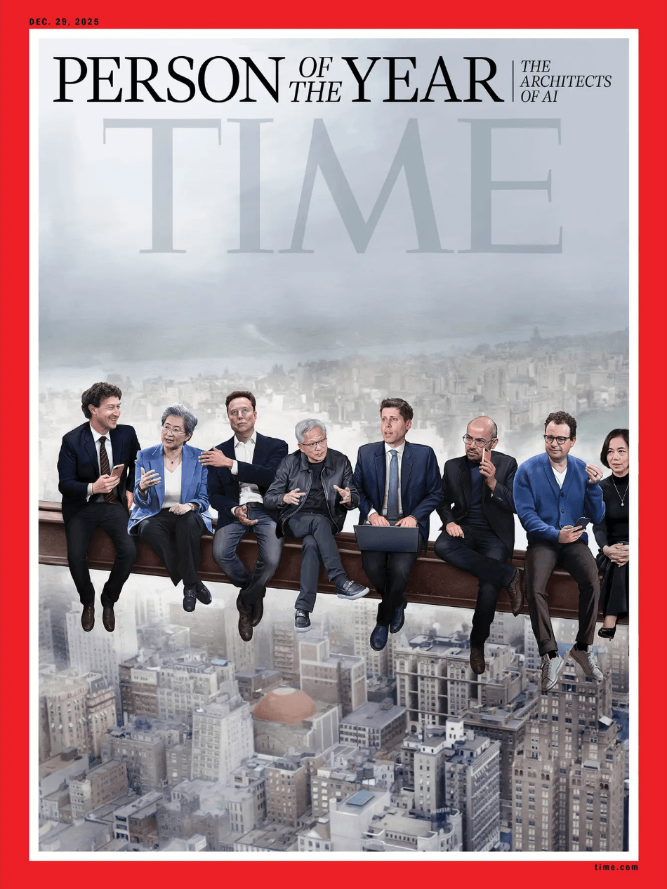 Close-up of Time Magazine’s 2025 Person of the Year cover featuring the “Architects of AI,” showing Sam Altman, Jensen Huang, Mark Zuckerberg, Elon Musk, Fei-Fei Li and other tech pioneers seated above a stylised New York skyline.