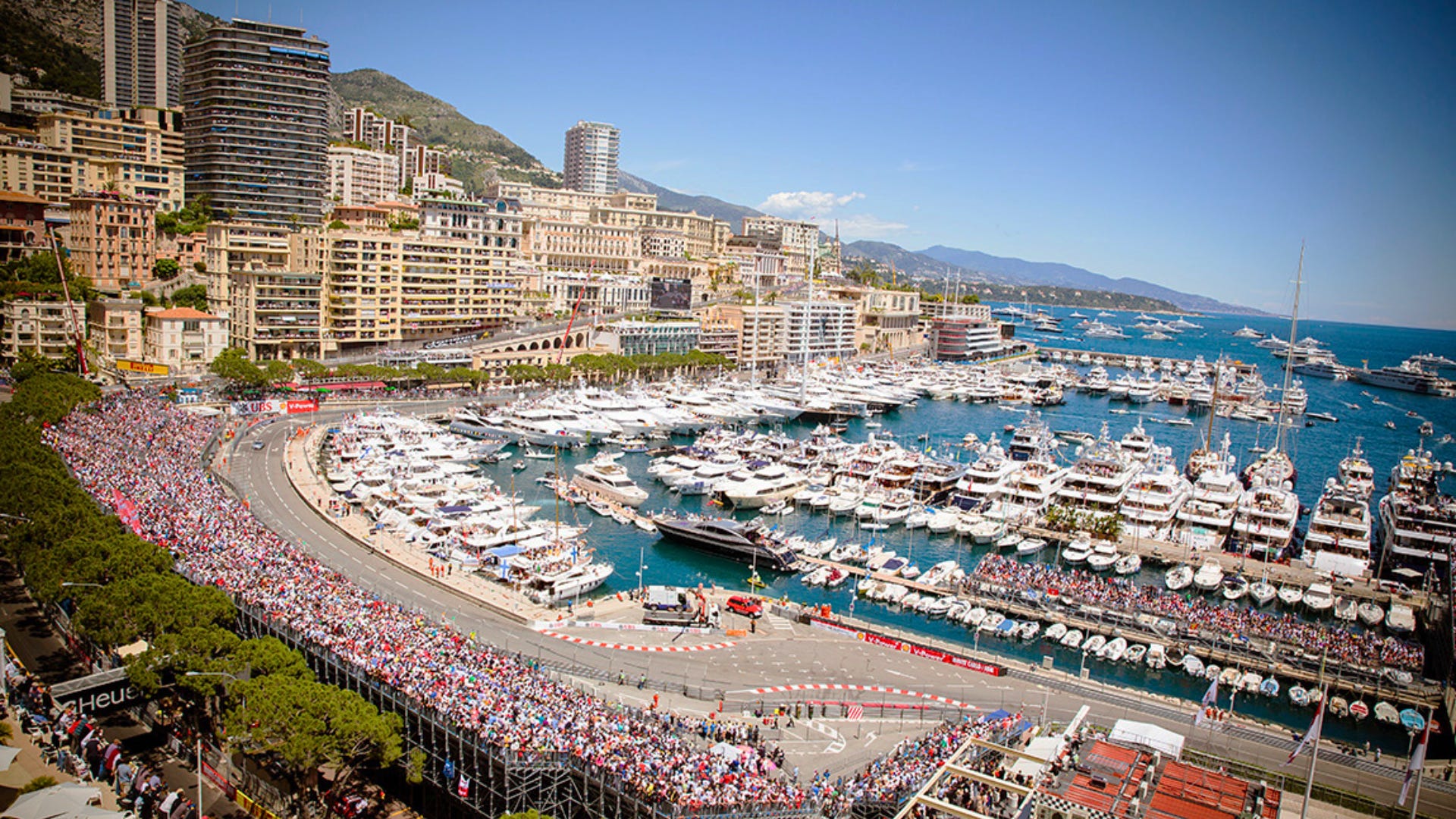 Aerial view of Monaco harbour and the Formula 1 street circuit, home to the Monaco Grand Prix