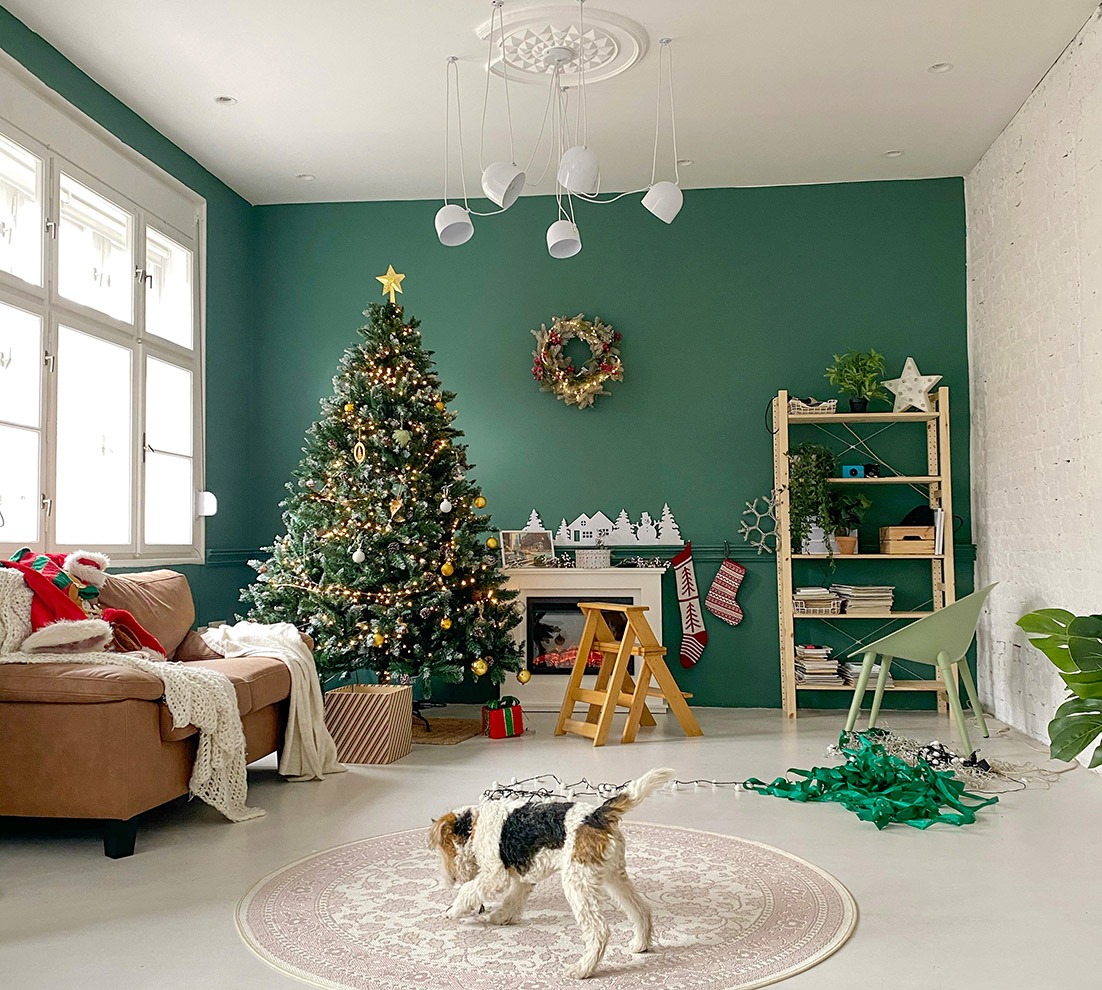 A cozy Christmas tree decorated with warm lights and festive ornaments in a homely living room, with a dog sitting contently nearby.