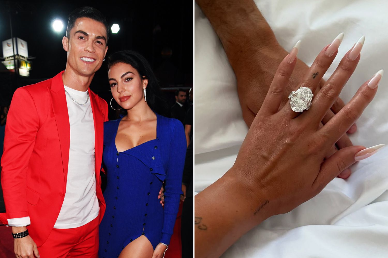 Cristiano Ronaldo and Georgina Rodriguez smiling together in one frame, alongside a close-up of Georgina’s sparkling £1.5 million engagement ring.