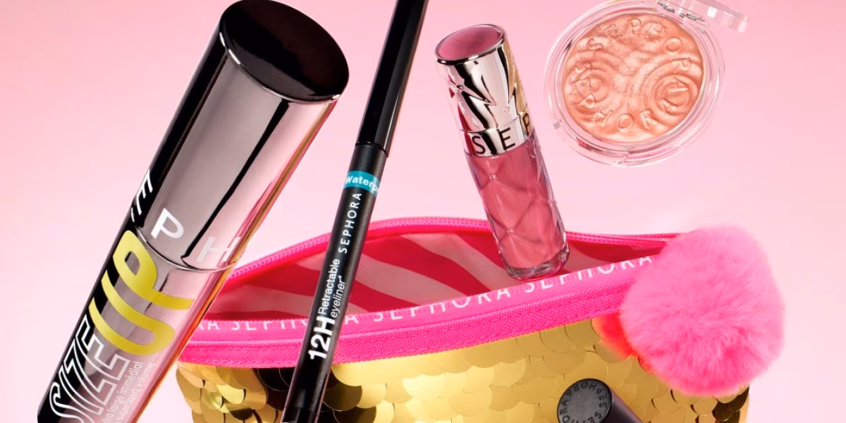 Sephora makeup products, including brushes and palettes, falling into a makeup bag.