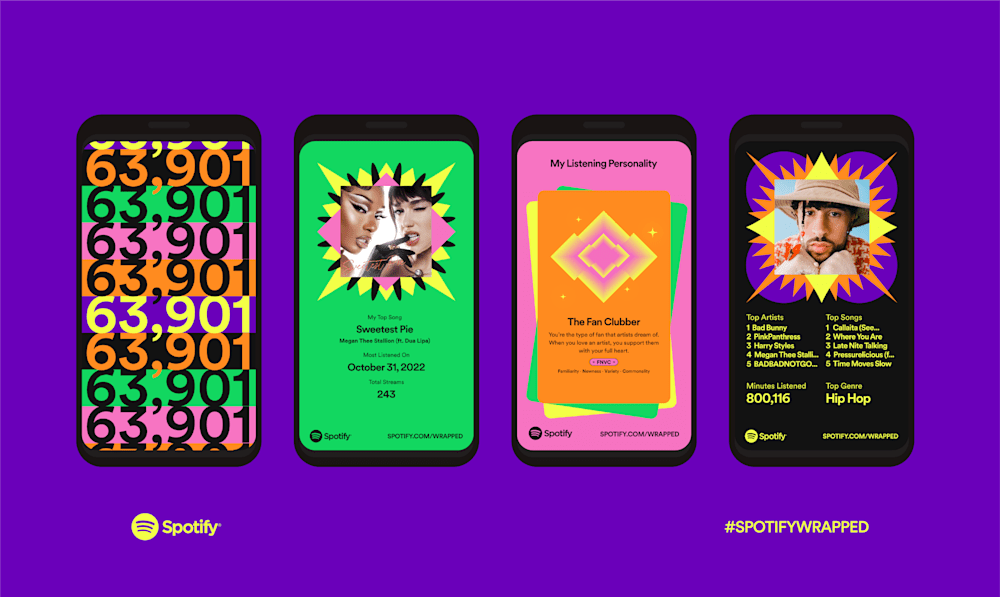 Four smartphones displaying different Spotify Wrapped 2025 features, including top songs, top artists, playlists, and personalized statistics.