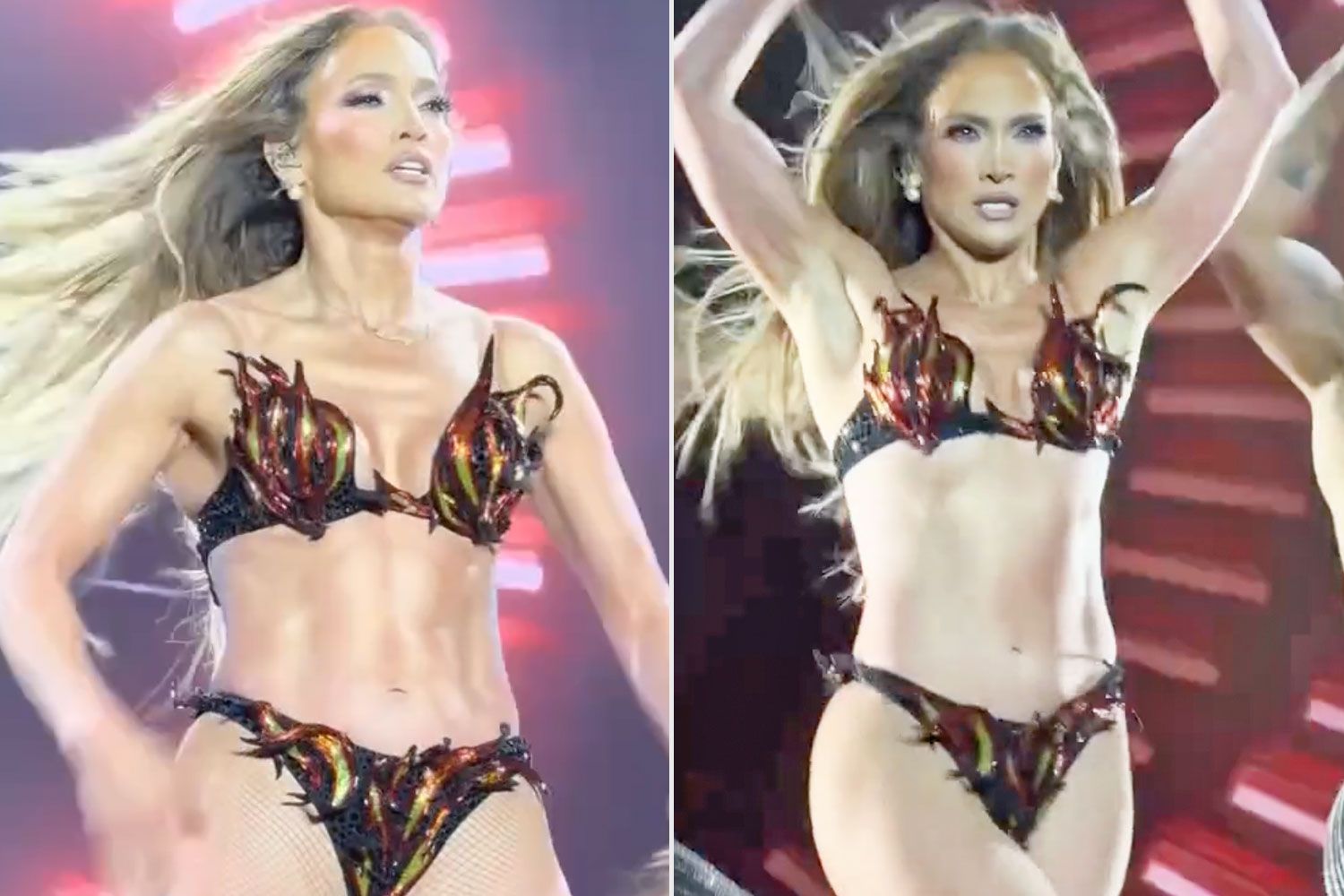 Split image of Jennifer Lopez performing on stage in a flame-covered thong bikini, showing her dynamic dance moves and toned physique.