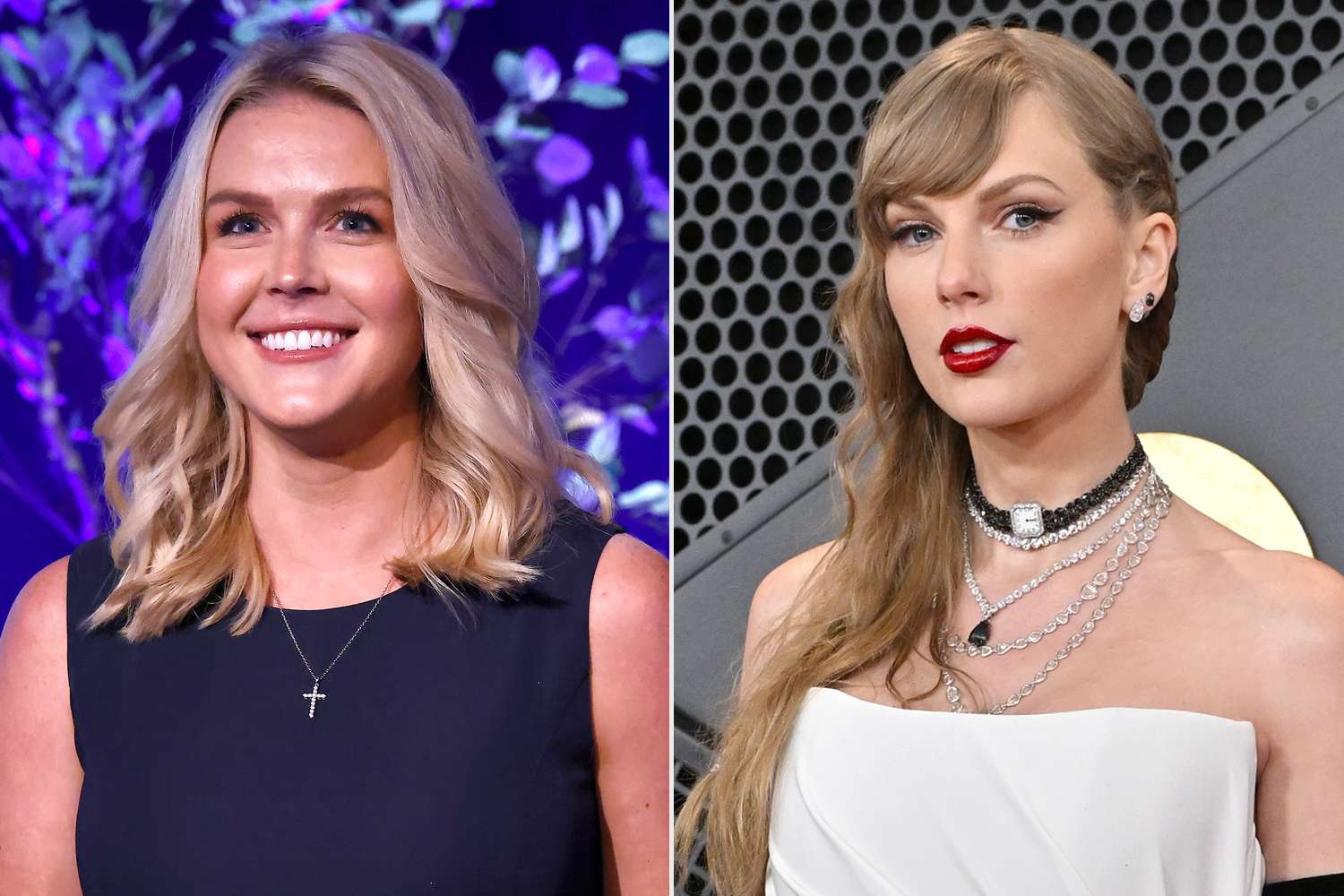 Split image showing White House press secretary Karoline Leavitt on one side and pop superstar Taylor Swift on the other.