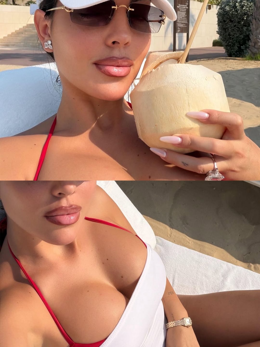 Georgina Rodriguez posing with a cocktail in hand while wearing a red bikini on the beach.