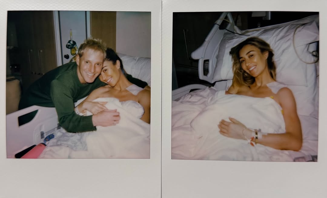 Sophie Habboo and Jamie Laing smiling together as Sophie cradles her newborn baby Ziggy, sharing their joyful announcement.