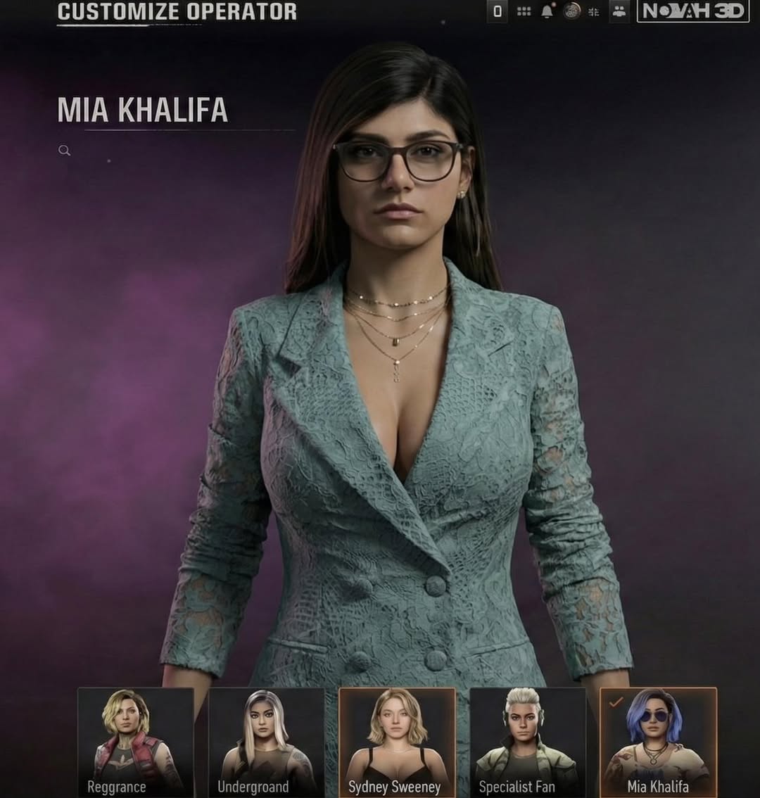 AI-generated viral image of adult film actress Mia Khalifa as a fake Call of Duty: Black Ops 7 operator skin, showing her in a teal lace blazer with deep neckline, glasses, and long dark wavy hair, displayed in the game's purple customization interface.