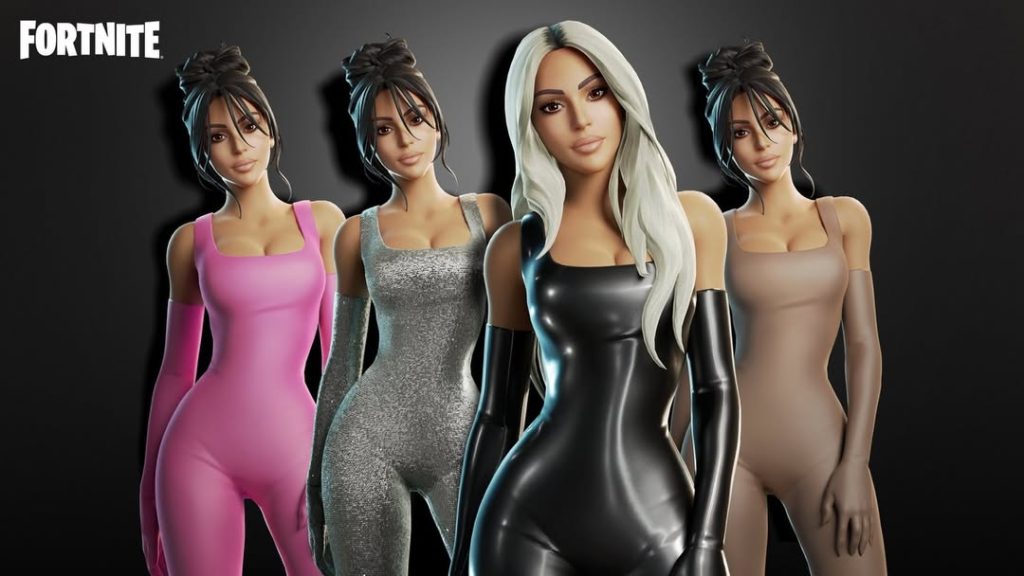 The four Kim Kardashian Fortnite skins displayed side by side, featuring different SKIMS-inspired outfits and stylized variations designed for in-game customization.