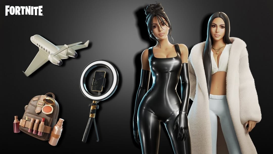 Kim Kardashian’s Fortnite skins displayed alongside the exclusive in-game items from the collab drop, including accessories and themed cosmetics.