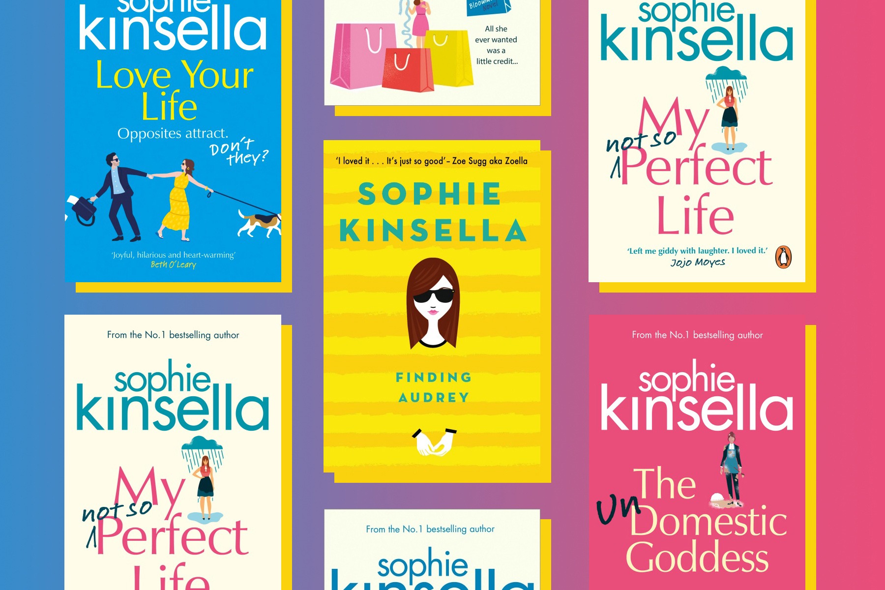 A collage of Sophie Kinsella’s bestselling novels, including titles from the Shopaholic series, Can You Keep a Secret? and The Undomestic Goddess.