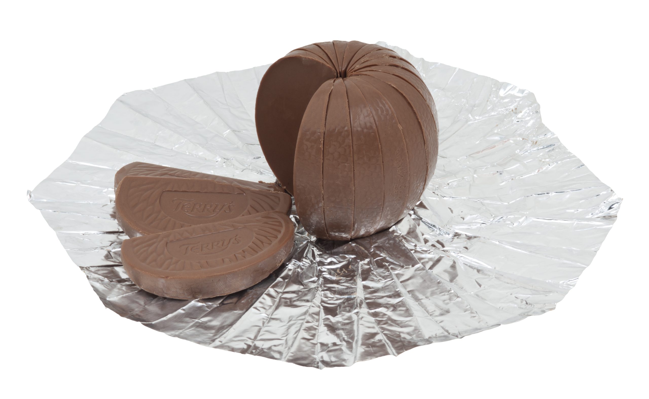 An unwrapped Terry’s Chocolate Orange sitting on a table, showing its smaller size compared to previous years.